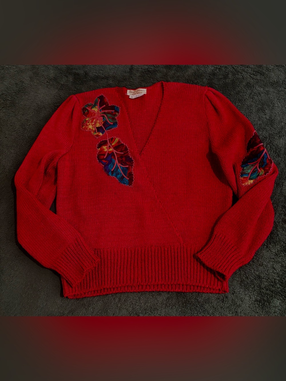 Vintage 80s Adolph Schuman For Lilli Ann Sweater Deep Red with Appliqué size 10